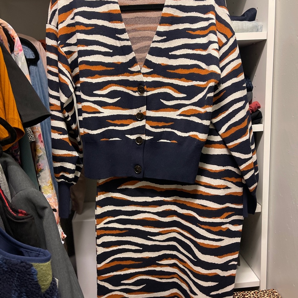 Ann Taylor Navy and Orange Striped Cardigan and Skirt Set